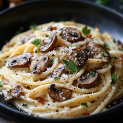 An exquisite serving of the most delicious creamy spaghetti carbonara with sauteed mushrooms,...