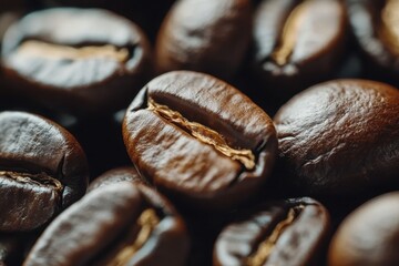 Fototapeta premium Close-up of dark roasted coffee beans displaying a glossy surface and deep brown color. Light highlights the unique grain patterns, emphasizing their quality.