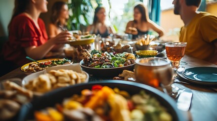 A group of friends enjoying a traditional Asian celebration at home, dressed in colorful attire and engaging in lively conversation while sitting around a table filled with festive food 