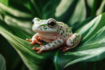 Obraz premium Tiny amazon milk frog on green leaves animal closeup Panda Bear Tree Frog