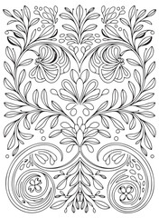 Outline floral pattern in mehndi style for coloring book page. Antistress for adults and children. Doodle ornament in black and white. Hand draw vector illustration.