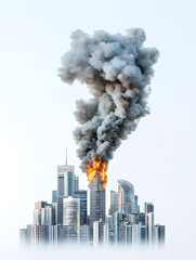 A skyscraper is engulfed in flames, emitting thick smoke against a clear sky, creating a dramatic and alarming urban scene.
