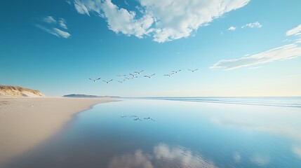 Birds soaring over tranquil beach at sunrise nature scene