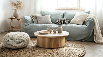 Cozy living room with linen sofa, round wooden coffee table, knitted ottoman, and jute rug.