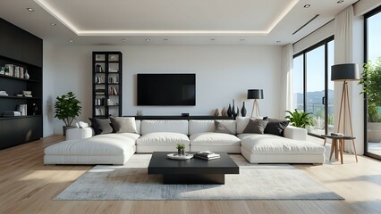 Fototapeta premium The overall design is clean and minimalist with neutral colors. room with large windows that let in plenty of natural light.