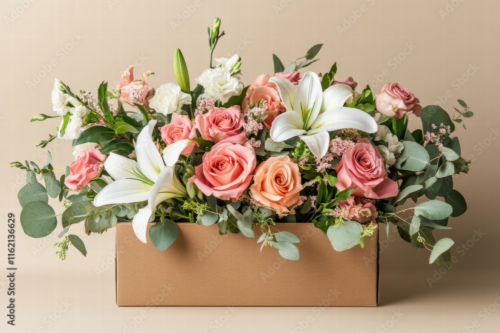 Poster Vibrant fresh flowers in a mocha mousse delivery box with ample space for text. Generative AI