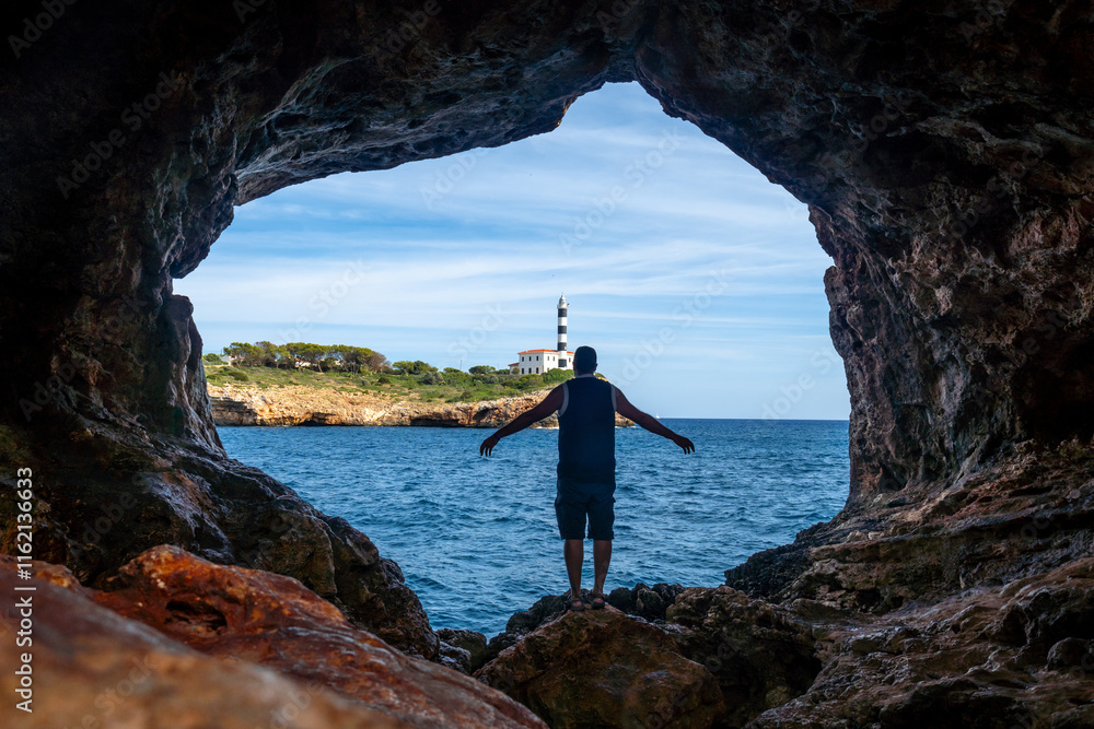 Wall mural Tourist enjoying freedom in the arc natural cave in portocolom, mallorca