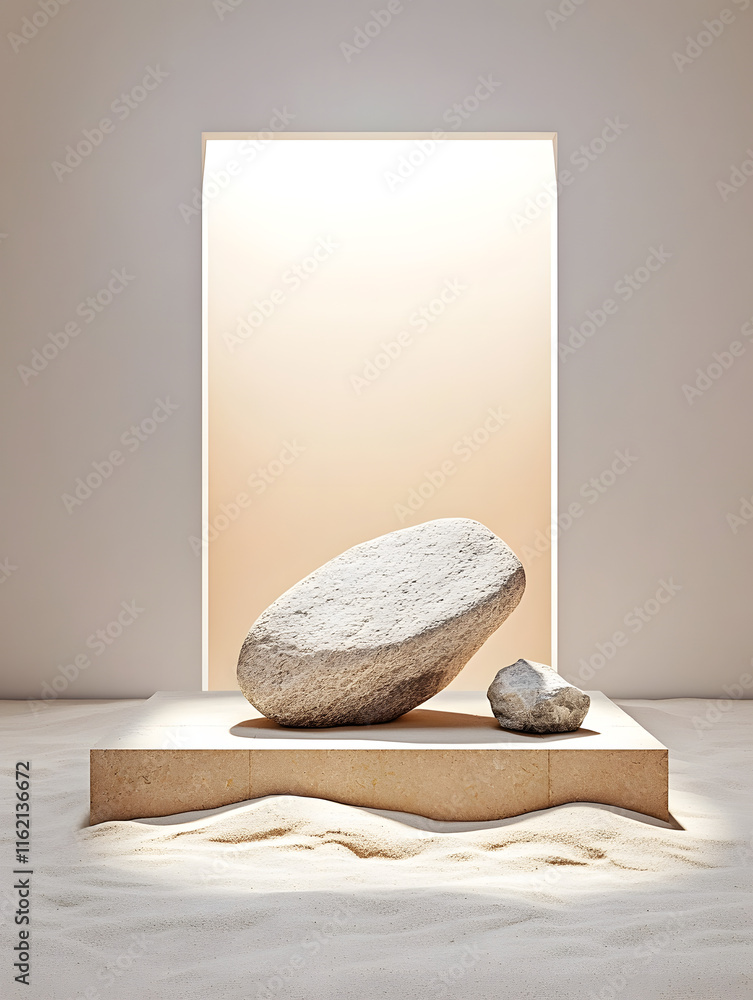 Aufkleber a modern display featuring smooth stones on a minimal pedestal, illuminated by soft light against a 