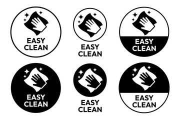 Easy clean icon set. Hand with napkin wiping a surface. Housekeeping symbol. Easy clean logo, label, badge, symbol, banner, circle, black, line, vector, isolated illustration. Cleaner service logo.
