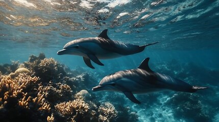 Obraz premium Dolphins swimming among coral reefs underwater paradise nature