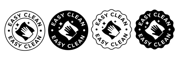 Easy clean icon set. Hand with napkin wiping a surface. Housekeeping symbol. Easy clean logo, label, badge, symbol, banner, circle, black, line, vector, isolated illustration. Cleaner service logo.