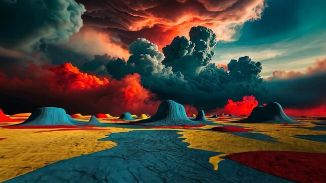 Video footage of surreal landscape with colorful terrain, featuring blue mounds and a dramatic sky filled with dark, swirling clouds and vibrant red and orange hues