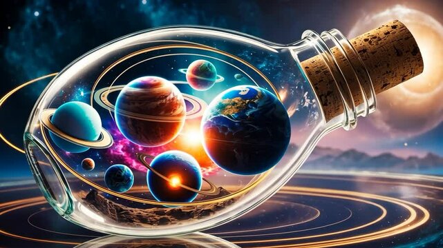 Video footage of A lightbulb with a cork stopper against a cosmic background with swirling rings and a glowing celestial body, symbolizing the fusion of creativity and the universe