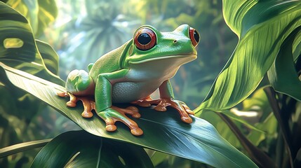 Frog sitting on leaf in lush jungle nature photography close-up