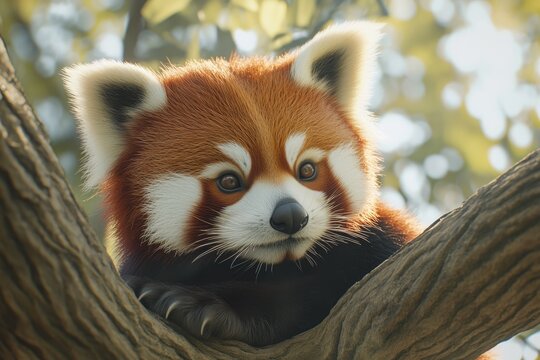A cute red panda lives in a public zoo  with space for text copy.