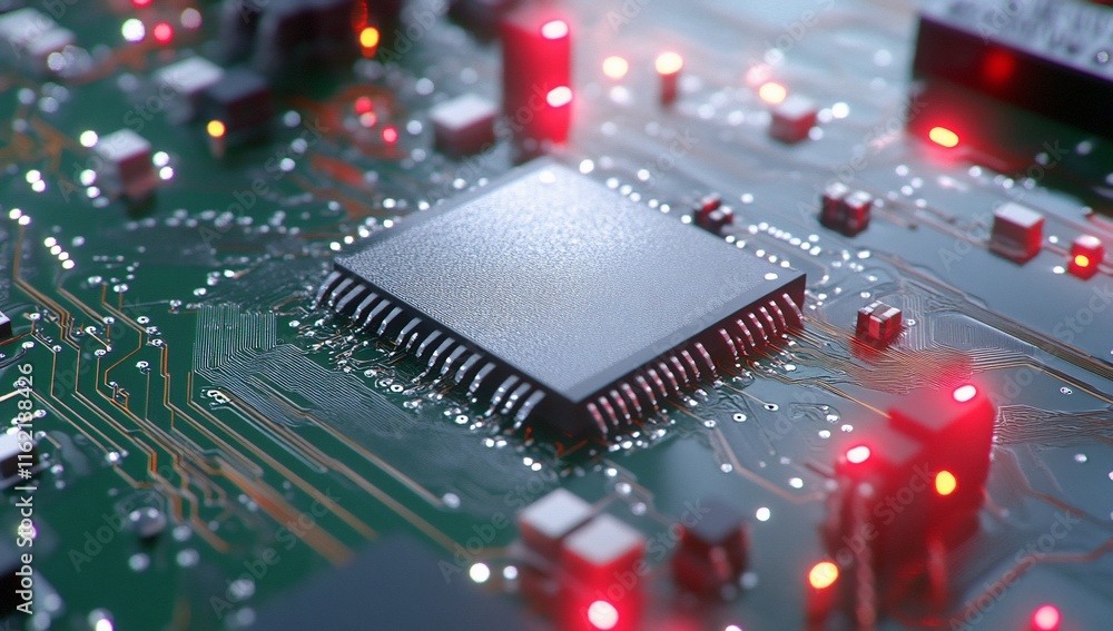Poster close-up of a circuit board with a microchip and glowing leds.