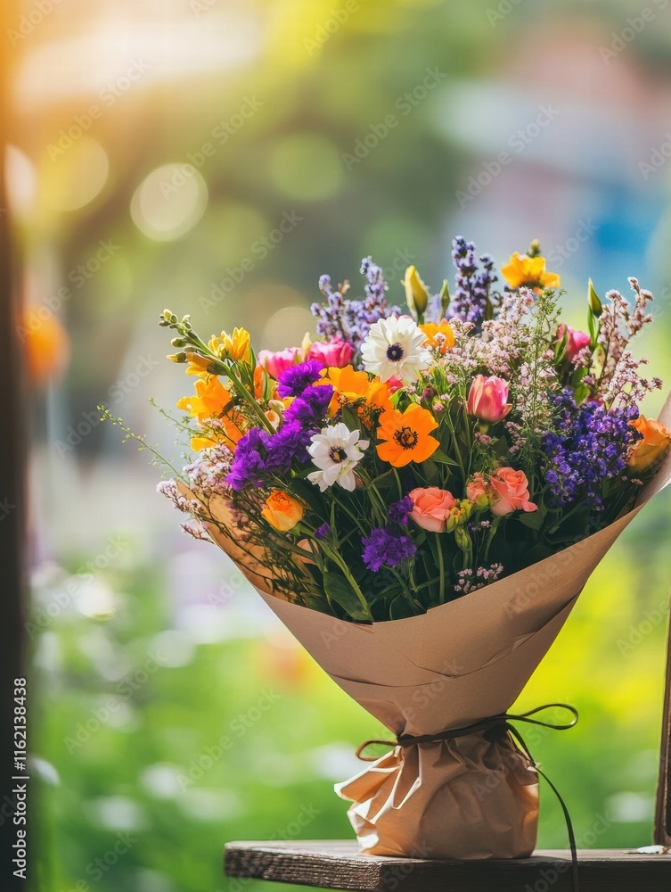 Poster colorful flower bouquet wrapped in kraft paper displayed in a bright outdoor setting with copy space