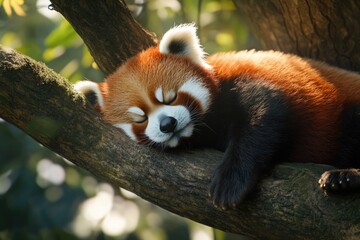 Naklejka premium A cute red panda relaxing on a tree A cute red panda relaxing on a tree