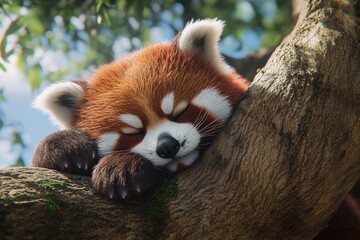 Fototapeta premium A cute red panda relaxing on a tree A cute red panda relaxing on a tree