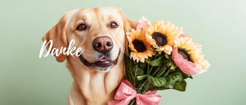 Dankbarer Labrador mit Sonnenblumenstrau&szlig;  Herzliches Dankesch&ouml;n Bild