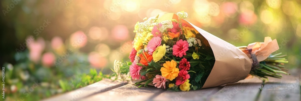Aufkleber bright and vibrant flower bouquet wrapped in kraft paper resting on wooden surface with blurred gard