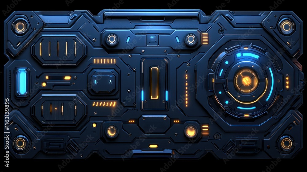 Poster futuristic control panel with glowing elements and buttons.