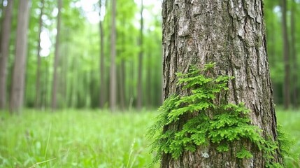 Lush Green Forest with Young Conifer on Tree Trunk