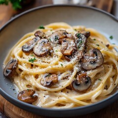 An exquisite serving of the most delicious creamy spaghetti carbonara with sauteed mushrooms,...