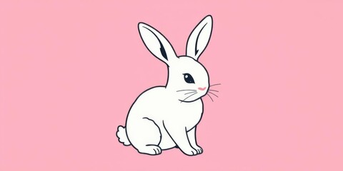 White rabbit on pink background with black outline in center of frame, generative ai, whimsical, cute, animal