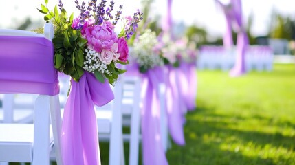 Whimsical outdoor wedding ceremony with lavender draped chairs and floral decorations under a sunny sky