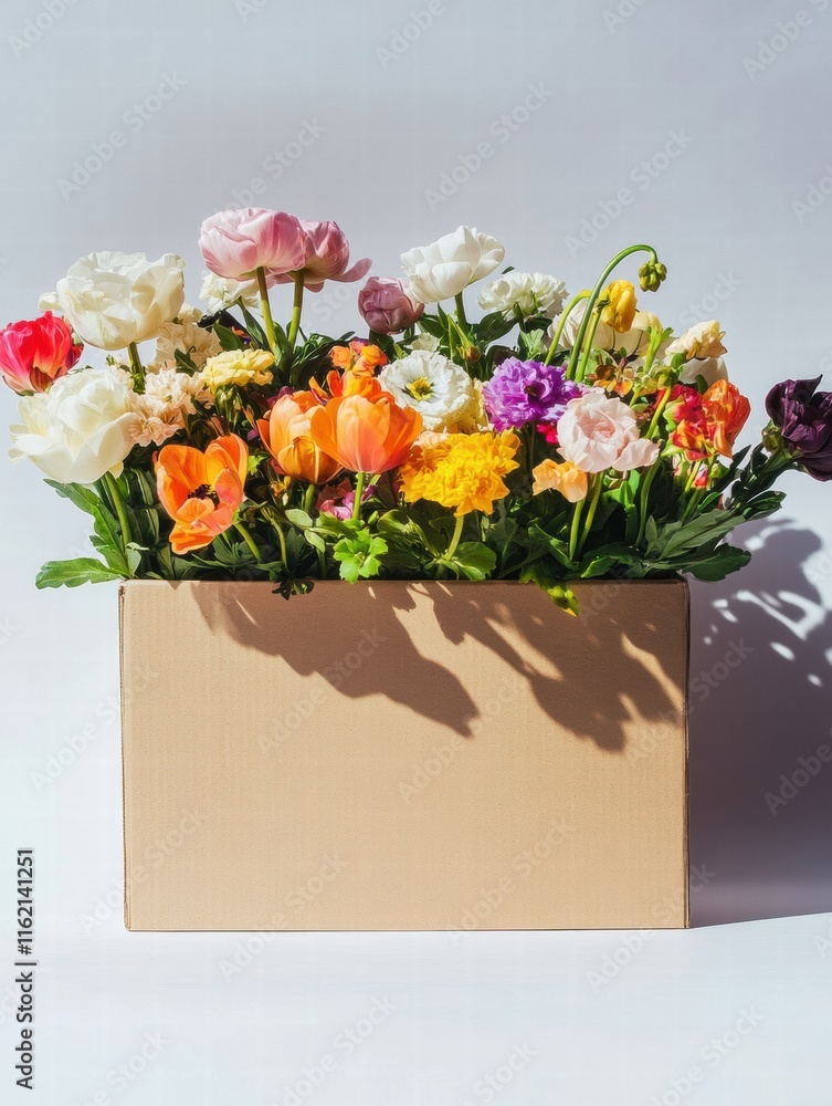 Aufkleber Bright and colorful fresh flowers arranged in a cardboard delivery box with empty space for personalized messages. Generative AI