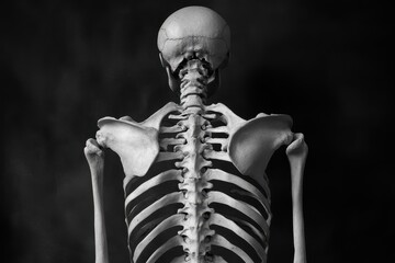 A human skeleton is positioned facing away, revealing its spine and shoulder blades clearly. The dark background emphasizes the intricate structure of the bones, highlighting their form.