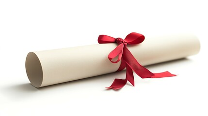 Diploma scroll with red ribbon on white background. Copy space