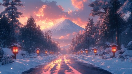 Snowy path leading to majestic mountain at sunset, illuminated by lanterns.