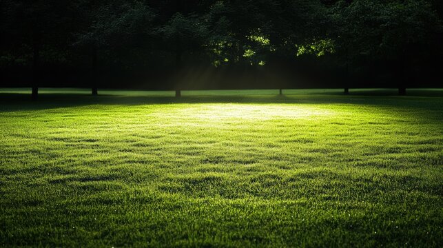 Illuminated patch of grass under trees with sunlight streaming through