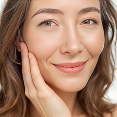 Fototapeta premium Close-Up of a Smiling Woman with Radiant Skin, Perfect for Skincare Promotions, Beauty Campaigns, Wellness Concepts, Natural Cosmetics, or Self-Care Themes