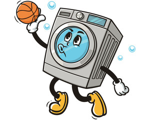 Washing Machine playing slam dunk basketball,   Cartoon Character Mascot Illustration Vector Clip-art Hand-drawn Logo Design