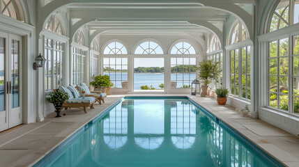 Piscine intérieure luxueuse dans une maison de style New England sur une île privée