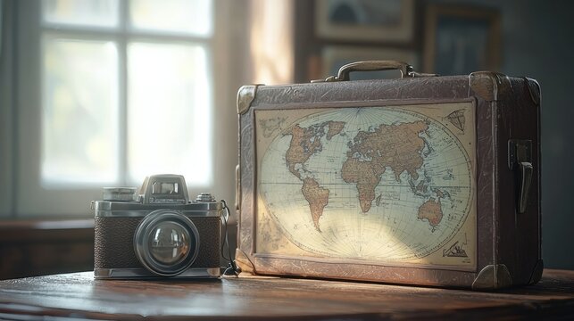Vintage suitcase with world map design and retro camera on wooden table near window.