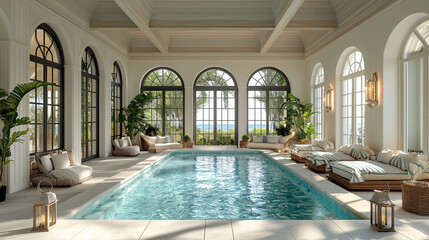 Piscine intérieure luxueuse dans une maison de style New England sur une île privée