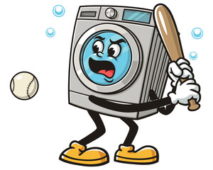 Washing Machine playing baseball,    Cartoon Character Mascot Illustration Vector Clip-art Hand-drawn Logo Design