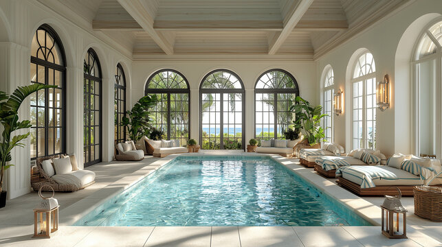 Piscine int&eacute;rieure luxueuse dans une maison de style New England sur une &icirc;le priv&eacute;e