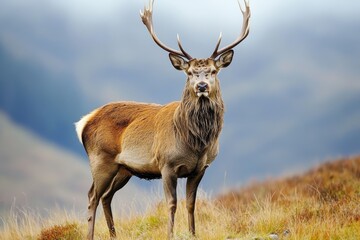 Fototapeta premium A large stag with impressive antlers stands on a grassy hillside in the highlands, surrounded by an ethereal mist. The animal gazes into the distance, embodying the tranquility of nature.
