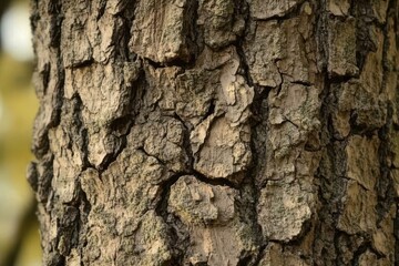 The surface of a tree trunk displays intricate patterns of cracked bark, revealing shades of brown and gray. This natural texture highlights the beauty of forest life.