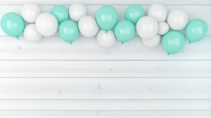 Obraz premium Mint and White Balloons on White Wood Background
