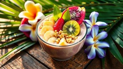 Tropical smoothie bowl topped with freshly sliced bananas, vibrant dragon fruit, kiwi, and granola, placed on a rustic wooden table