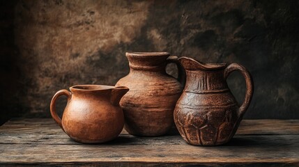 Handmade Clay Pots and Jugs on Wooden Table in Close-Up. AI generated illustration
