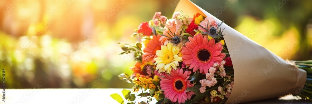 Aufkleber colorful flower bouquet wrapped in kraft paper on a sunny garden table with space for additional tex