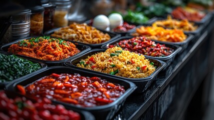 Obraz premium Assorted Asian cuisine dishes in takeout containers.