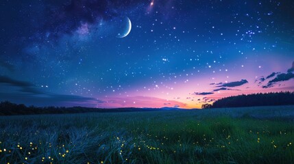 Fototapeta premium Magical night scene with fireflies in a field under a crescent moon and starry sky.
